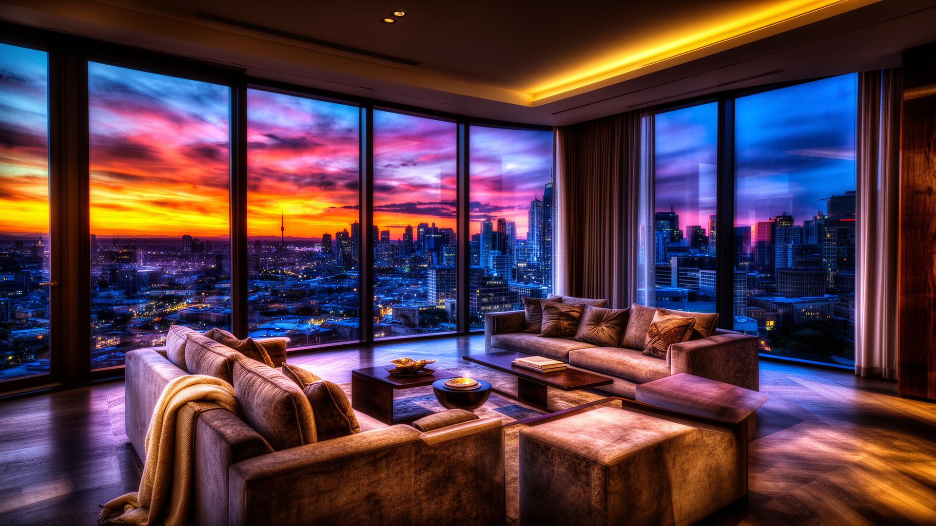 HDR-edited luxury interior with cityscape at dusk